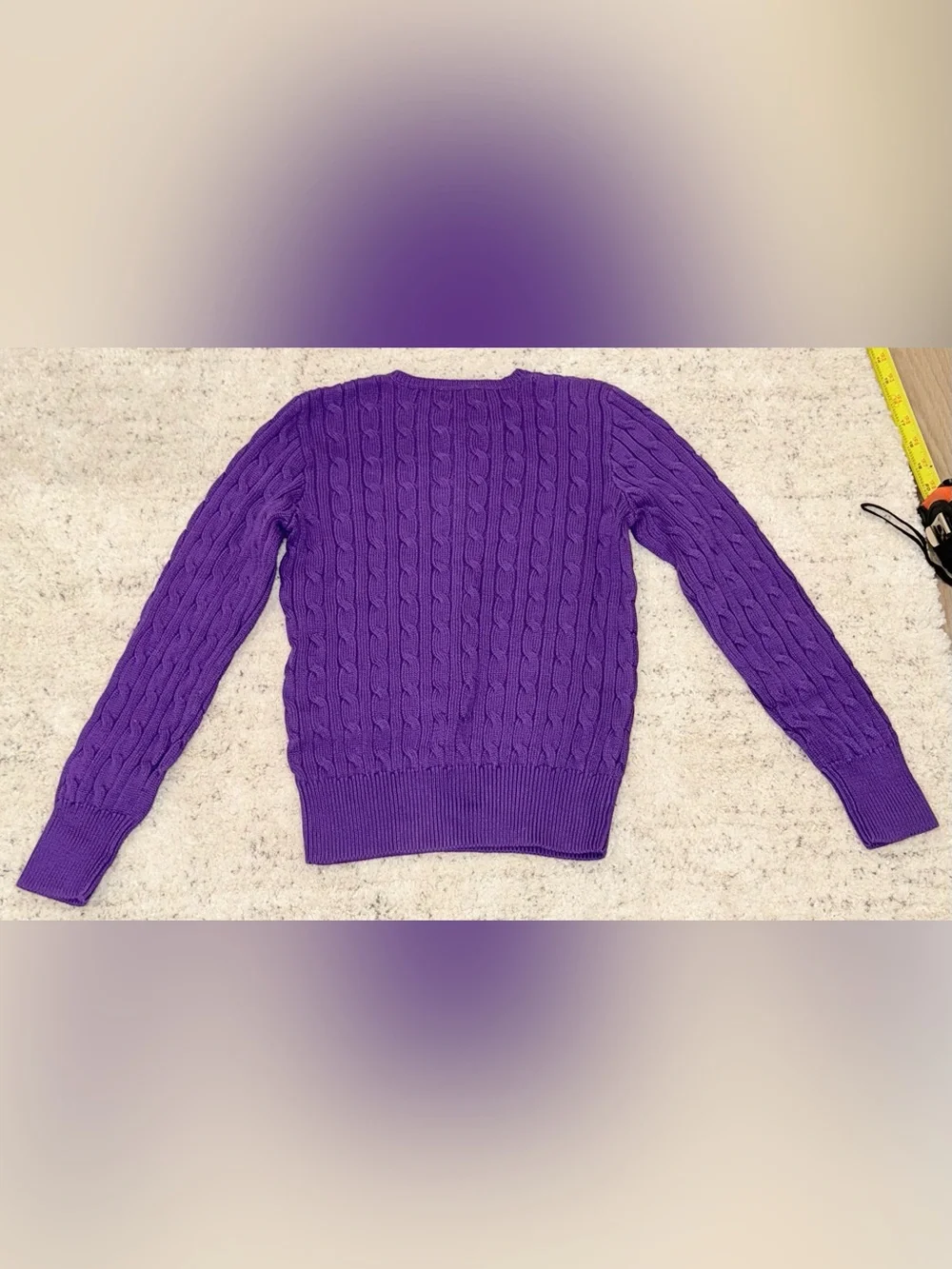 Ralph Lauren Girls Cable Knit Sweater Purple Lace Henley Pony Logo large L 12-14